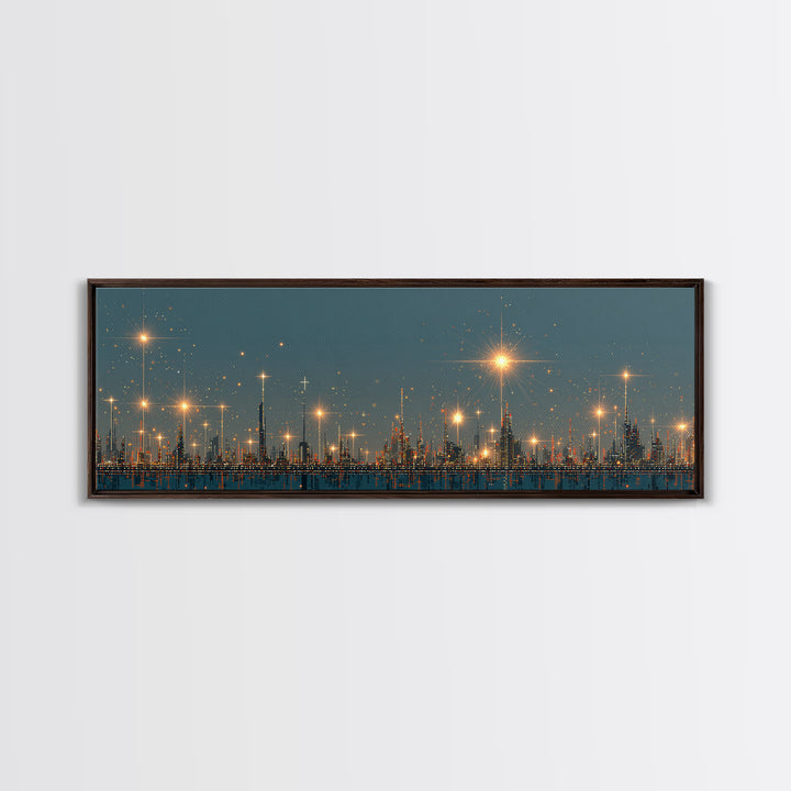 Golden Starbursts Over Night City Skyline Wall Art, Modern Abstract Art Print, Futuristic Urban Decor, Large Canvas Print