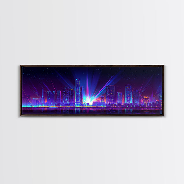 Neon Laser City Skyline At Night Wall Art, Cyberpunk Modern Art Print, Blue Purple Futuristic Decor, Large Canvas Print, Poster