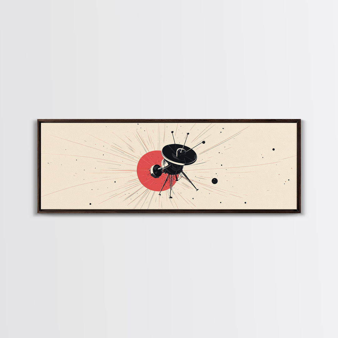 Minimal Black Space Probe Wall Art, Red Sunburst Abstract Satellite Print, Modern Sci Fi Poster, Retro Home Office Decor