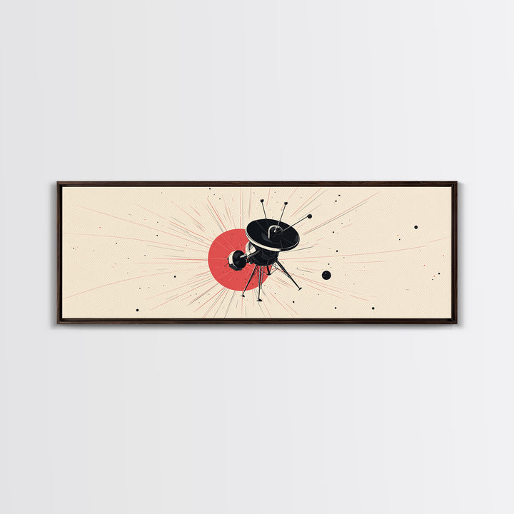 Minimal Black Space Probe Wall Art, Red Sunburst Abstract Satellite Print, Modern Sci Fi Poster, Retro Home Office Decor