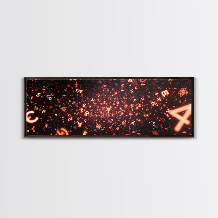 Glowing Orange Symbol Field Wall Art, Abstract Math Particle Poster, Modern Digital Art, Sci Fi Futuristic Office Decor Print
