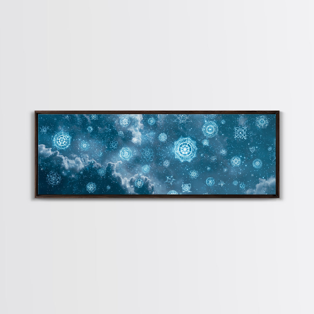 Glowing Teal Celestial Mandala Cloudscape Wall Art, Spiritual Geometric Art Print, Modern Home Decor, Cosmic Sky Poster For Bedroom