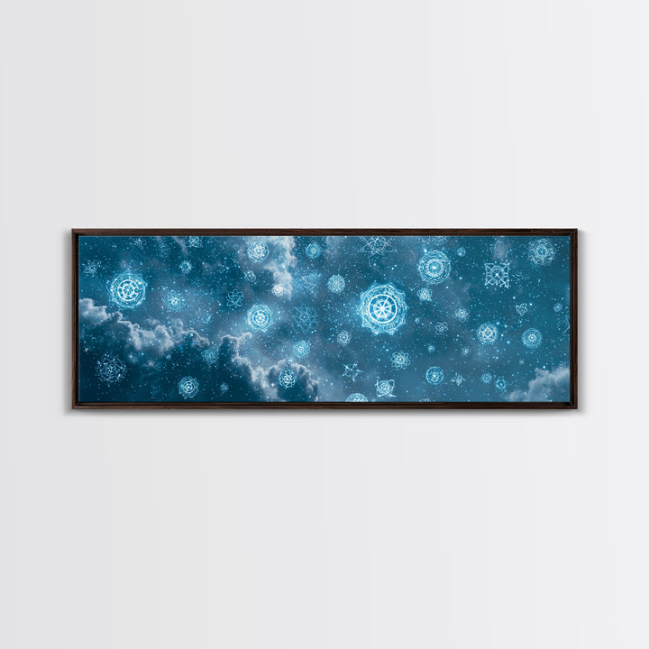 Glowing Teal Celestial Mandala Cloudscape Wall Art, Spiritual Geometric Art Print, Modern Home Decor, Cosmic Sky Poster For Bedroom