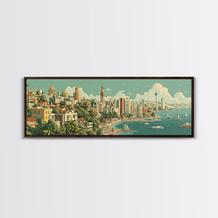 Lush Harbor City Skyline With Boats Canvas Print, Retro Travel Wall Art, Midcentury Modern Decor, Coastal Living Room Poster