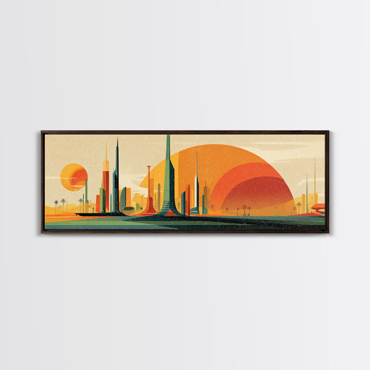 Futuristic Desert Skyline Canvas Print, Mid Century Modern Wall Art, Orange Sun Abstract Cityscape, Retro Sci Fi Poster Decor