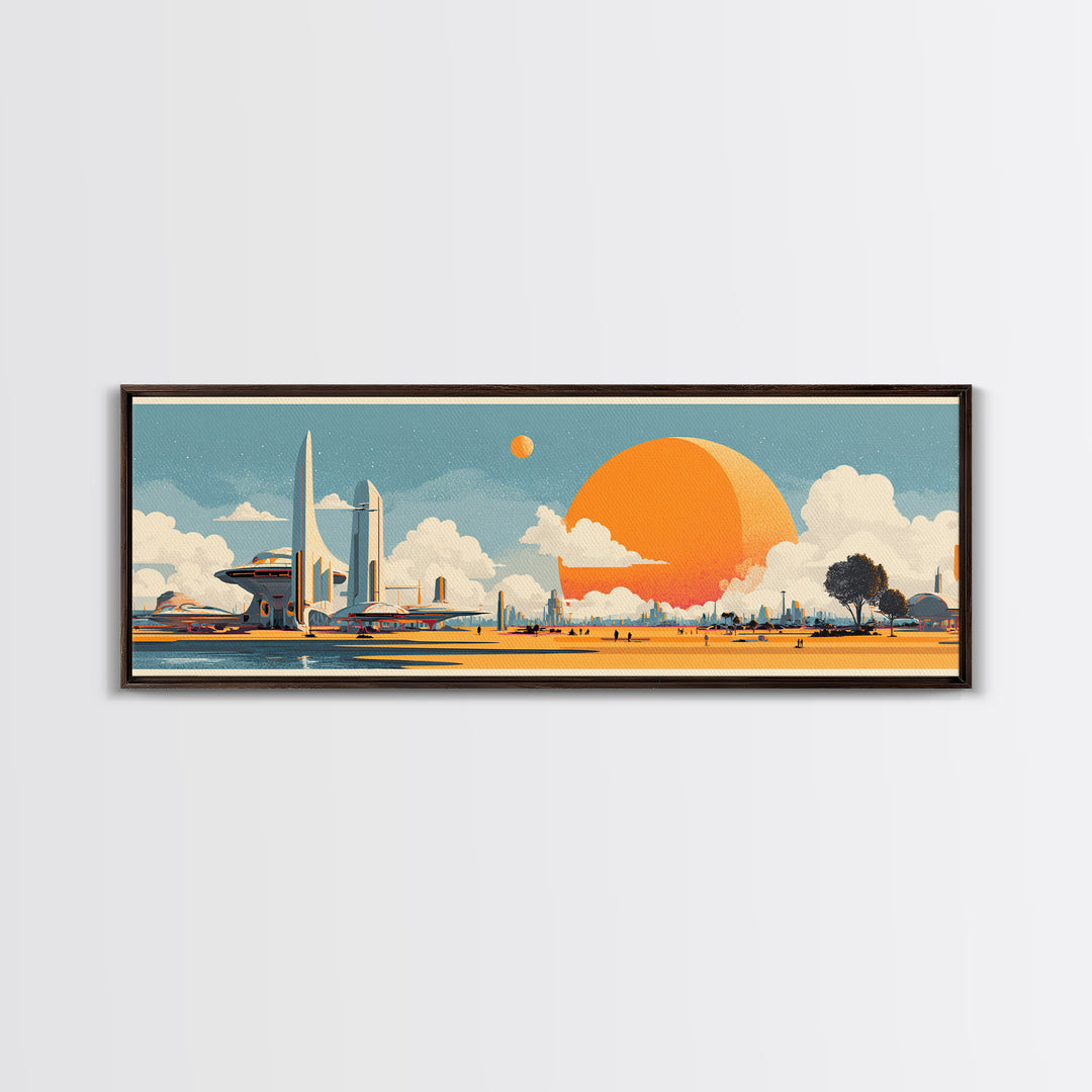 Retro Futuristic Expo Skyline Wall Art, Midcentury Modern Canvas Print, Orange Sun Space Age Architecture Large Poster Decor
