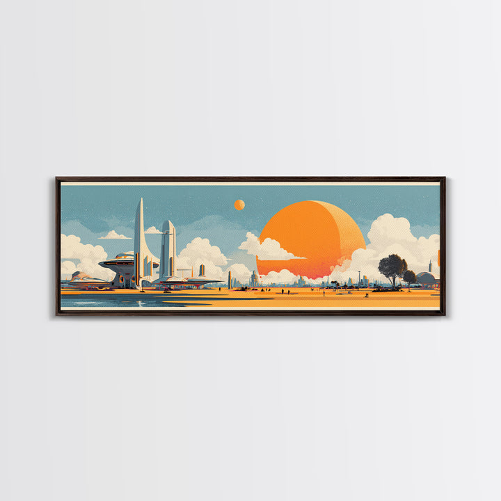 Retro Futuristic Expo Skyline Wall Art, Midcentury Modern Canvas Print, Orange Sun Space Age Architecture Large Poster Decor