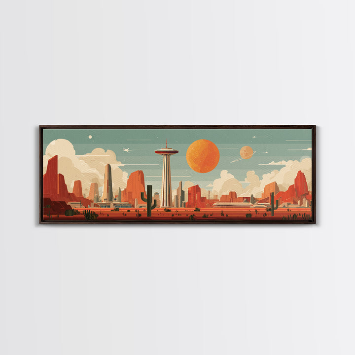 Retro Space Needle Desert Wall Art, Midcentury Modern Canvas Print, Orange Planet Cityscape, Southwestern Sci Fi Poster Decor