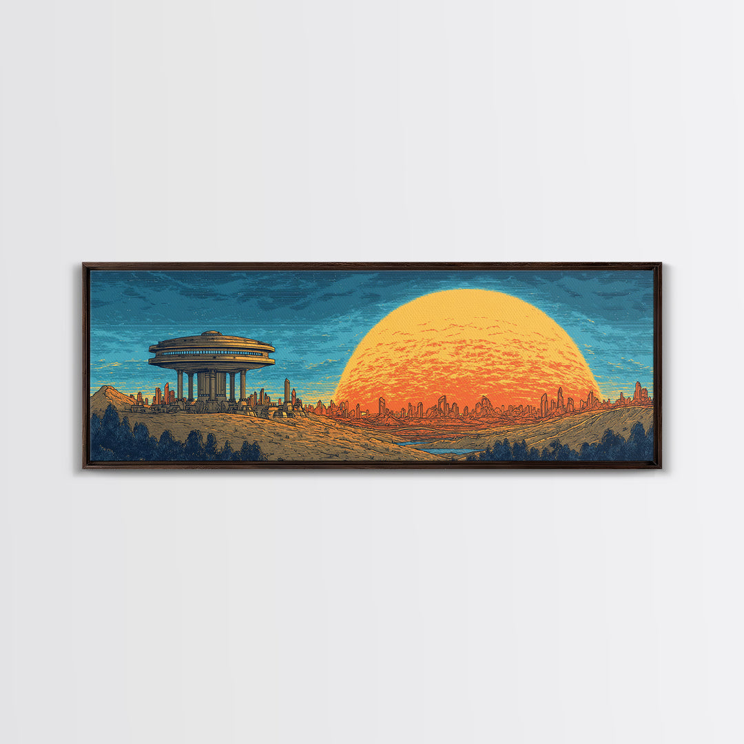 Alien Desert City Sunset Wall Art, Retro Futuristic Canvas Print, Mid Century Modern Sci Fi Landscape, Orange Sun Poster Decor