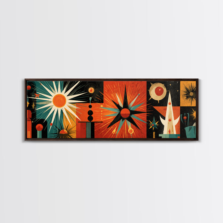 Orange Teal Atomic Sunburst Canvas Print, Midcentury Modern Geometric Space Age Poster, Bold MCM Wall Decor For Office Home