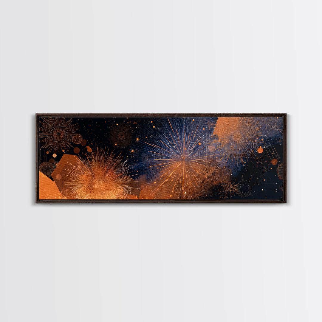 Orange Gold Firework Night Sky Canvas Print, Modern Abstract Celestial Wall Decor, Cosmic Retro Art For Living Room Poster