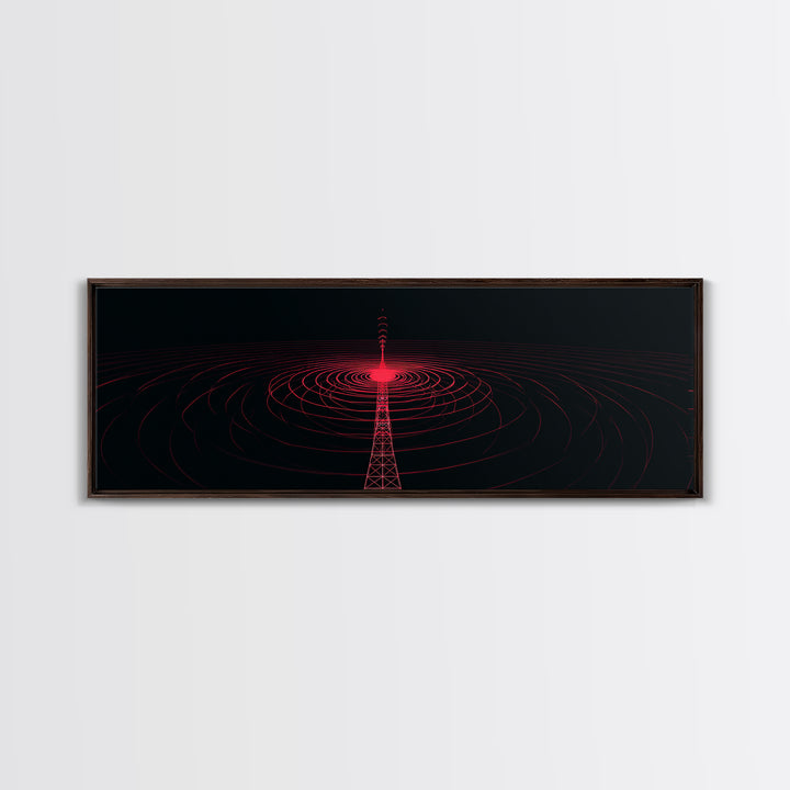 Red Radio Tower With Concentric Signal Rings Wall Art, Futuristic Retro Abstract Print, Modern Wall Decor, Large Sci Fi Retro Art