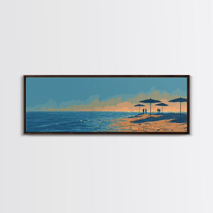 Orange Sunset Beach Umbrellas Framed Canvas Print, Coastal Wall Art, Modern Wall Decor, Tropical Landscape, Beach House Decor