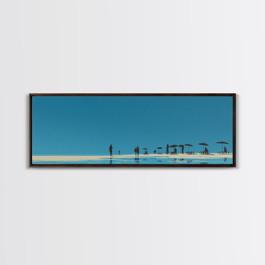 Minimal Blue Beach Horizon With Tiny Figures Wall Art, Coastal Landscape Print, Modern Wall Decor, Scandinavian Print, Large Prints