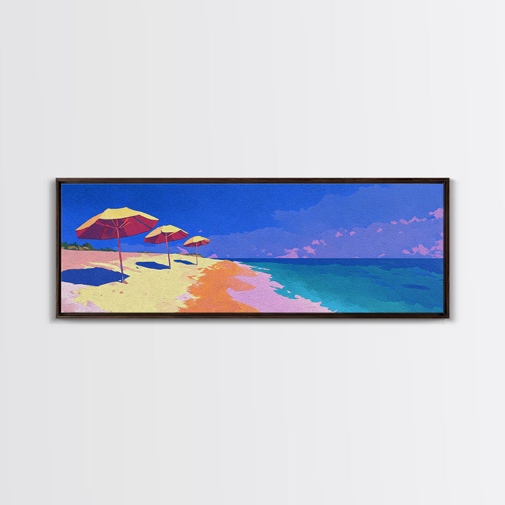 Vibrant Ocean Beach With Umbrellas Canvas Print, Coastal Wall Decor, Retro Travel Poster, Modern Art Print For Summer Home