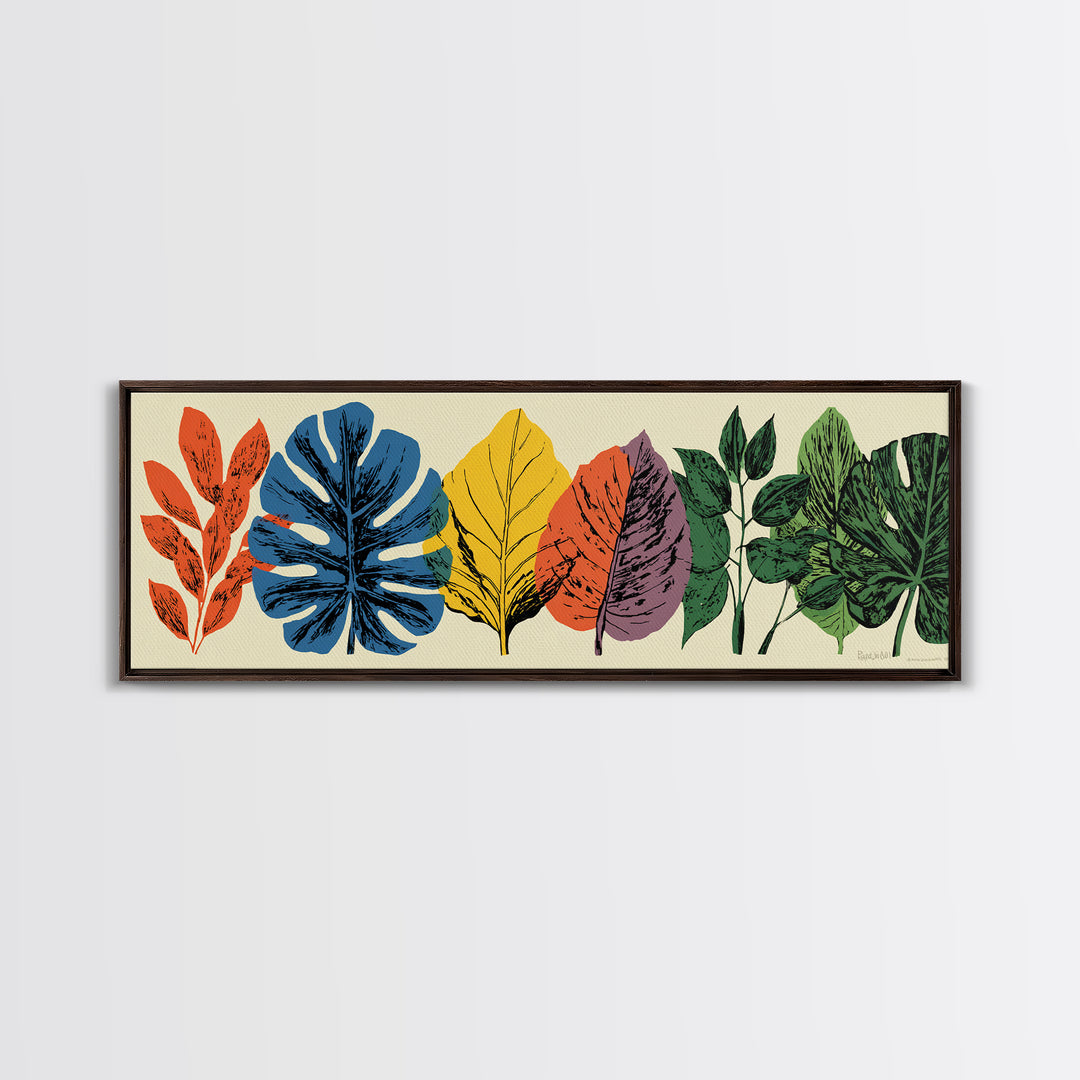 Colorful Tropical Leaf Row Framed Canvas Print, Midcentury Modern Botanical Wall Art, Retro Home Decor, Bold Nature Poster