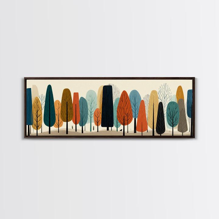 Stylized Autumn Trees In Earth Tones Canvas Print, Midcentury Modern Landscape Wall Art, Retro Forest Decor, Nordic Poster