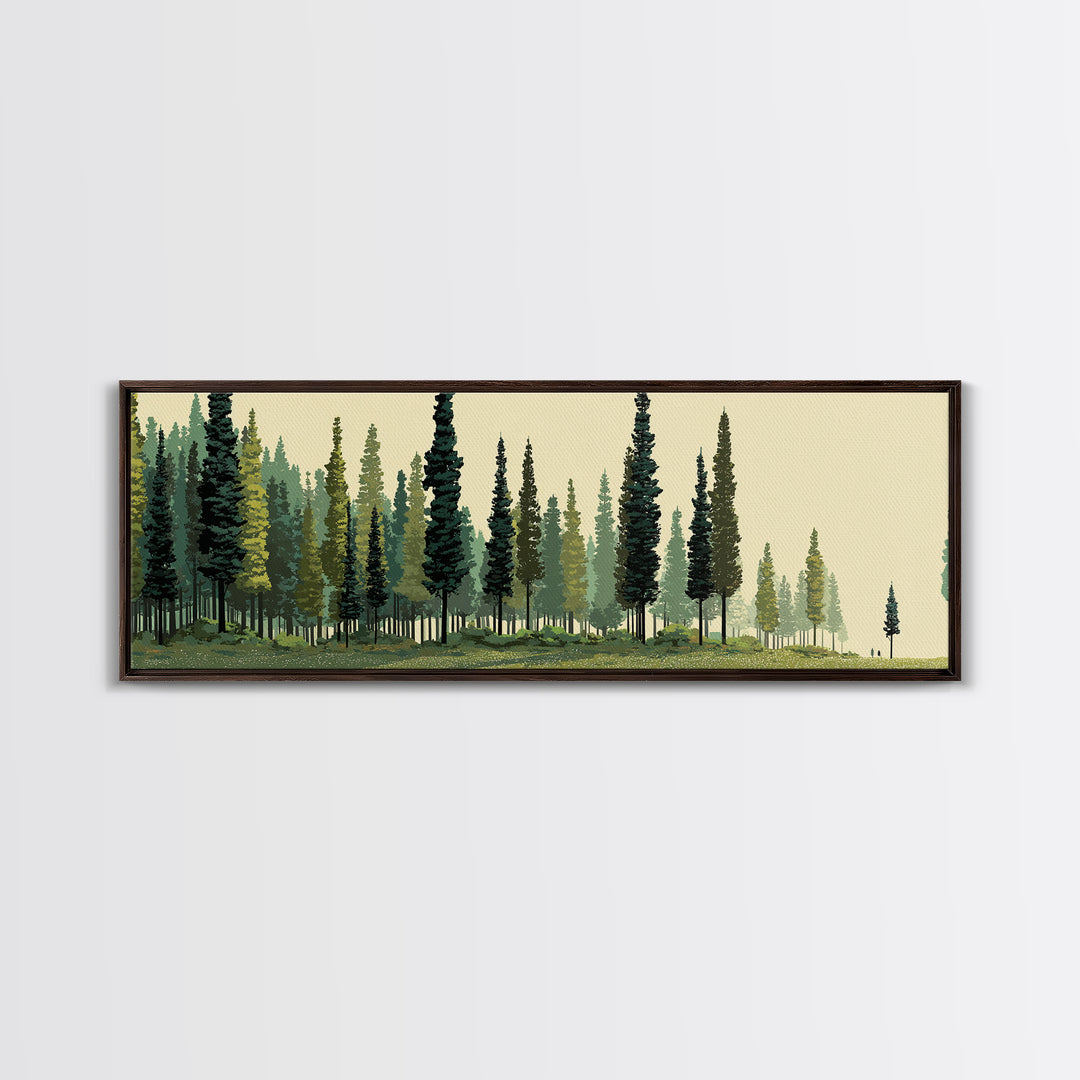 Misty Evergreen Forest Panorama Wall Art, Midcentury Modern Landscape Print, Nature Wall Decor, Large Canvas Cabin Artwork