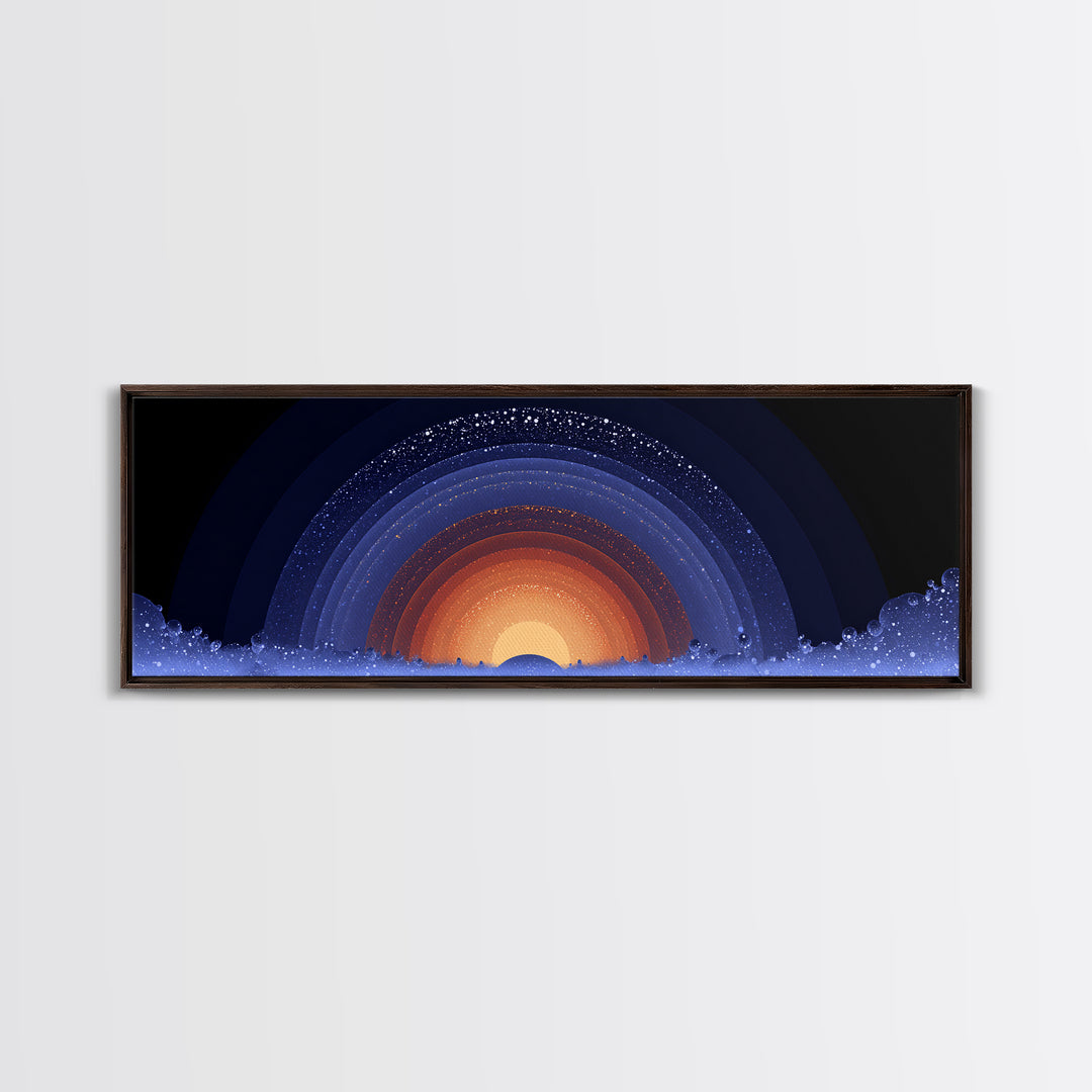 Starry Cosmic Sunrise Arc Wall Art, Midcentury Modern Space Abstract Print, Orange Blue Galaxy Decor, Retro Canvas Poster