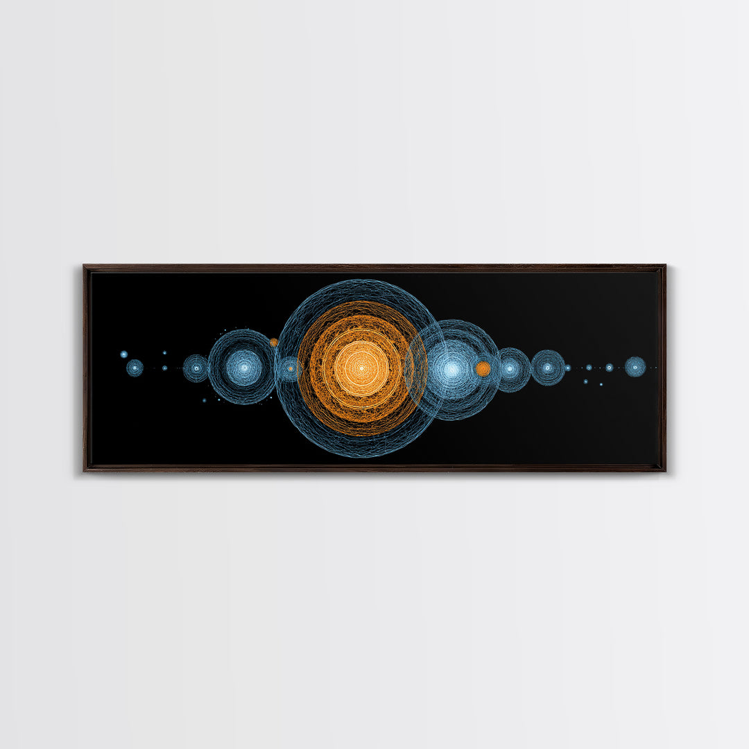 Planetary Orbit Circle Canvas Print, Midcentury Modern Space Wall Art, Blue Orange Geometric Decor, Atomic Abstract Poster