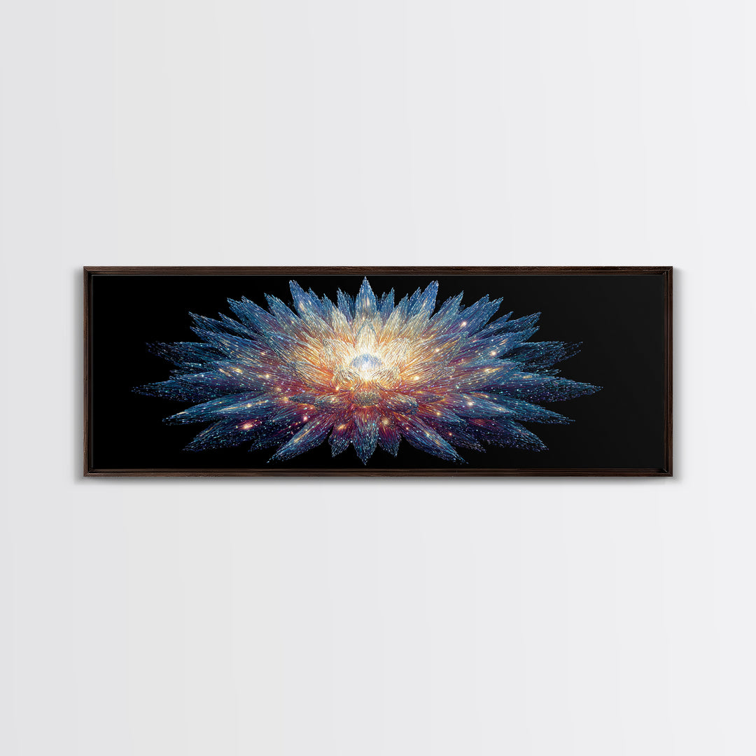 Glowing Cosmic Crystal Bloom Wall Art, Modern Abstract Art Print, Space Abstract Art, Blue Black Living Room Wall Decor Prints