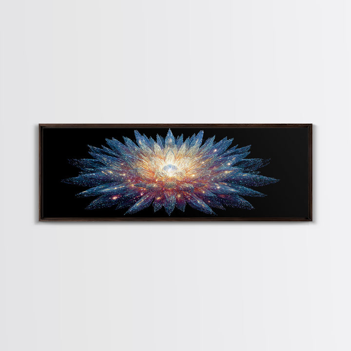 Glowing Cosmic Crystal Bloom Wall Art, Modern Abstract Art Print, Space Abstract Art, Blue Black Living Room Wall Decor Prints