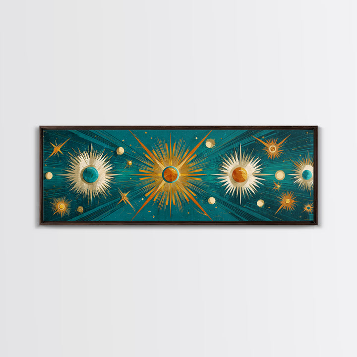 Teal Gold Celestial Sunburst Planets Wall Art, Modern Abstract Art Print, Art Deco Poster, Geometric Wall Decor, MCM Home Decor