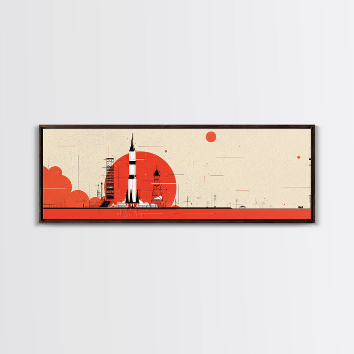 Minimal Red Rocket On Launch Pad Wall Art, Midcentury Modern Space Poster, Atomic Orange Sun Decor, Retro MCM Print Gift