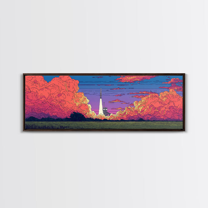 Pink Cloud Rocket Launch At Sunset Wall Art, Midcentury Modern Space Poster, Retro Sci Fi Landscape, Colorful MCM Decor Print