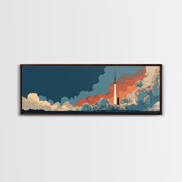 Teal Orange Rocket Rising Through Clouds Canvas Print, Midcentury Modern Space Poster, Atomic Sci Fi Decor, Retro Wall Art