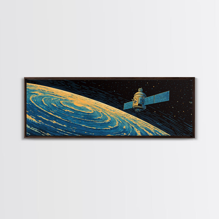 Orbiting Satellite Above Spiral Planet Canvas Print, Midcentury Modern Space Poster, Retro Sci Fi Wall Art, Atomic MCM Decor