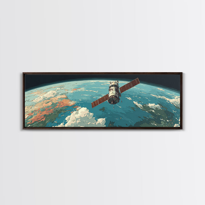 Satellite Orbiting Earth Horizon Framed Canvas Print, Midcentury Modern Space Poster, Retro Sci Fi Wall Art, MCM Decor Gift