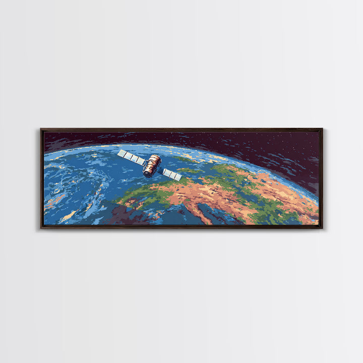 Satellite Above Blue Green Earth Wall Art, Panoramic Retro Space Poster, Midcentury Modern Art Print, Home Office Decor Gift