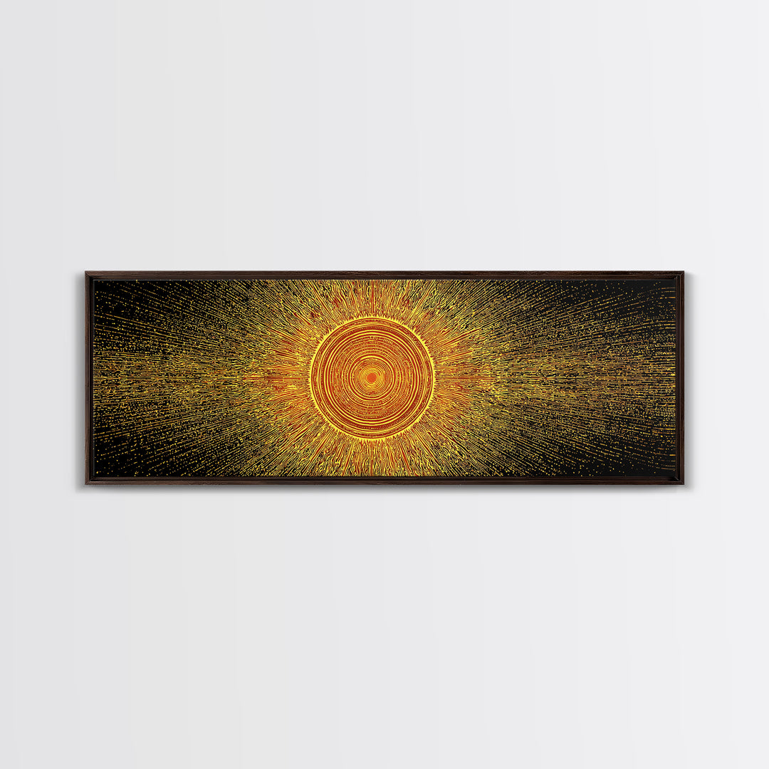 Golden Radiant Mandala Sun Canvas Print, Abstract Space Wall Art, Midcentury Modern Decor, Spiritual Geometric Poster Gift