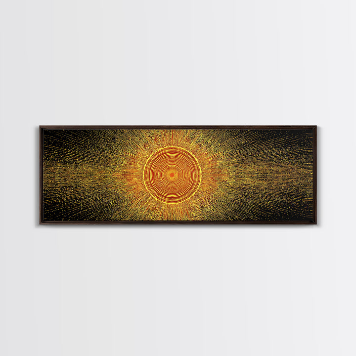 Golden Radiant Mandala Sun Canvas Print, Abstract Space Wall Art, Midcentury Modern Decor, Spiritual Geometric Poster Gift