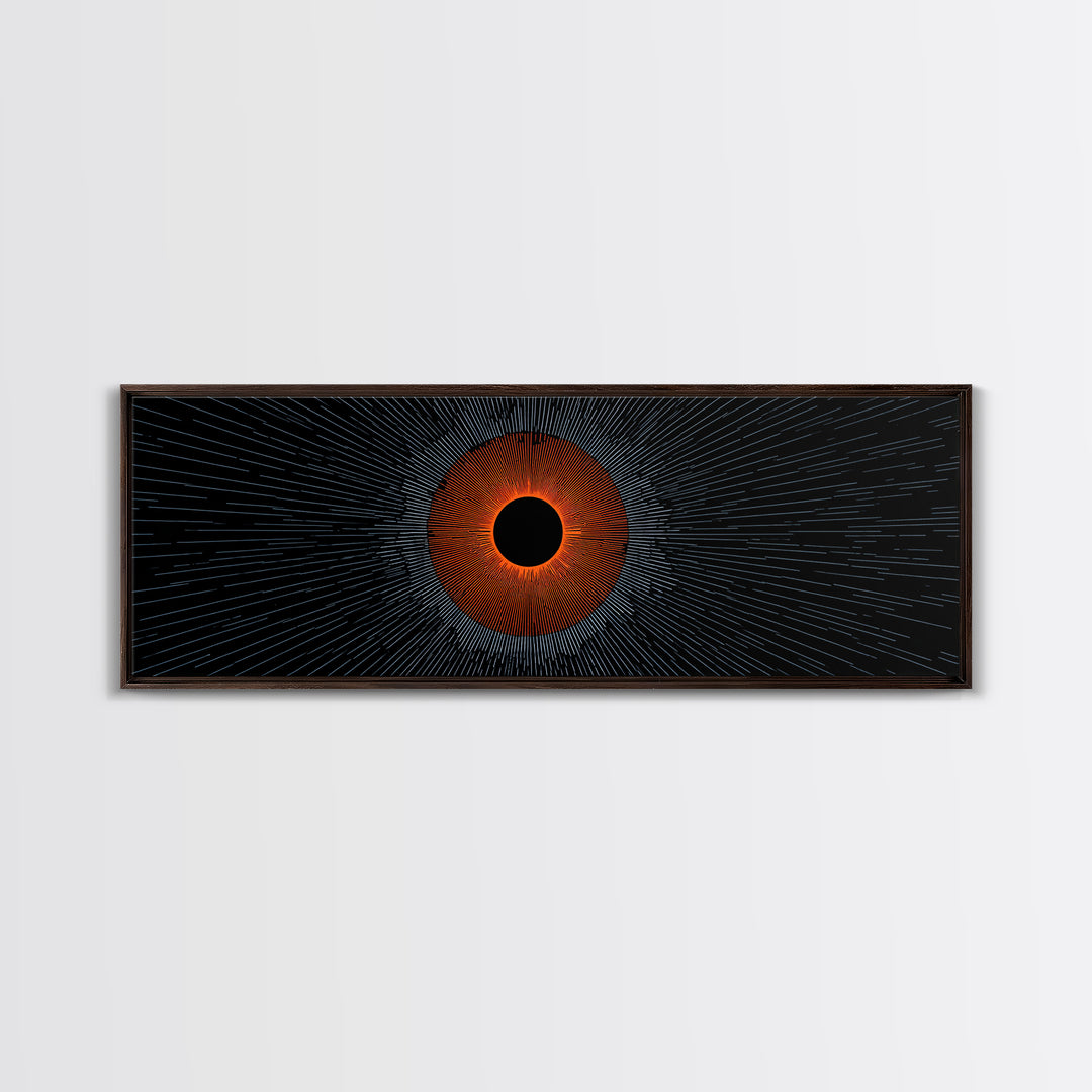 Orange Eclipse With Blue Radial Lines Wall Art, Abstract Sci Fi Space Poster, Midcentury Modern Decor, Geometric Print Gift