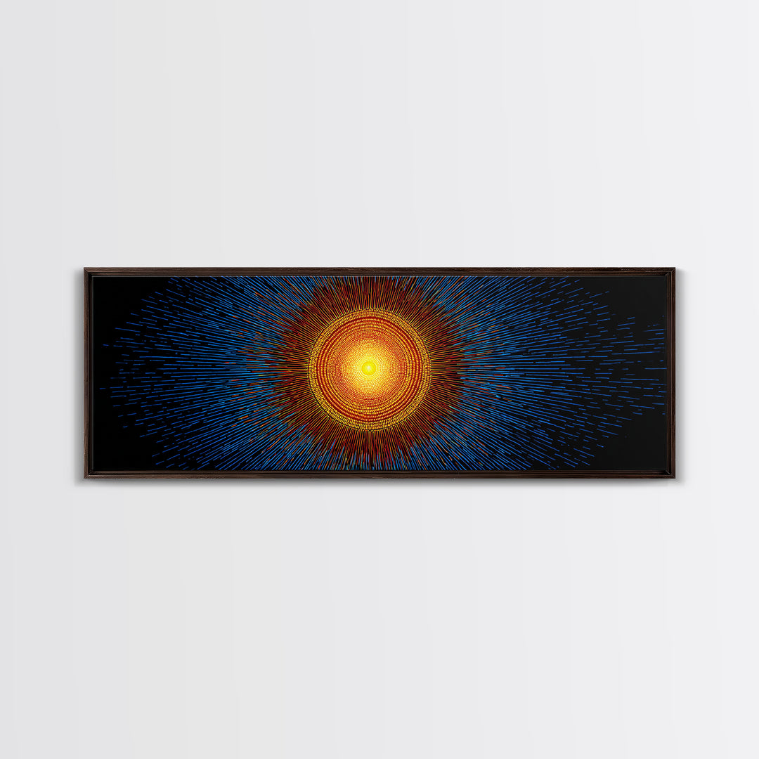 Blue And Orange Radiant Solar Burst Canvas Print, Abstract Space Wall Art, Midcentury Modern Poster, Bold Geometric Decor