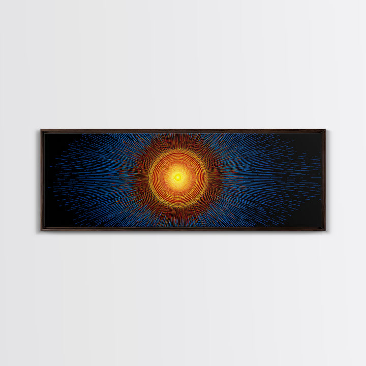 Blue And Orange Radiant Solar Burst Canvas Print, Abstract Space Wall Art, Midcentury Modern Poster, Bold Geometric Decor