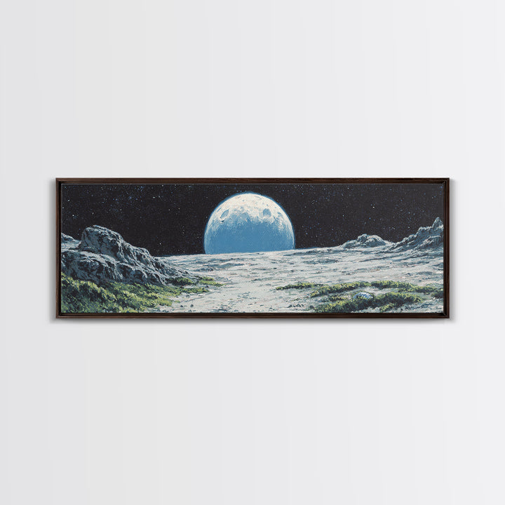 Moon Rising Over Alien Mountains Wall Art, Retro Sci Fi Landscape Poster, Midcentury Modern Decor, Scenic Space Art Print