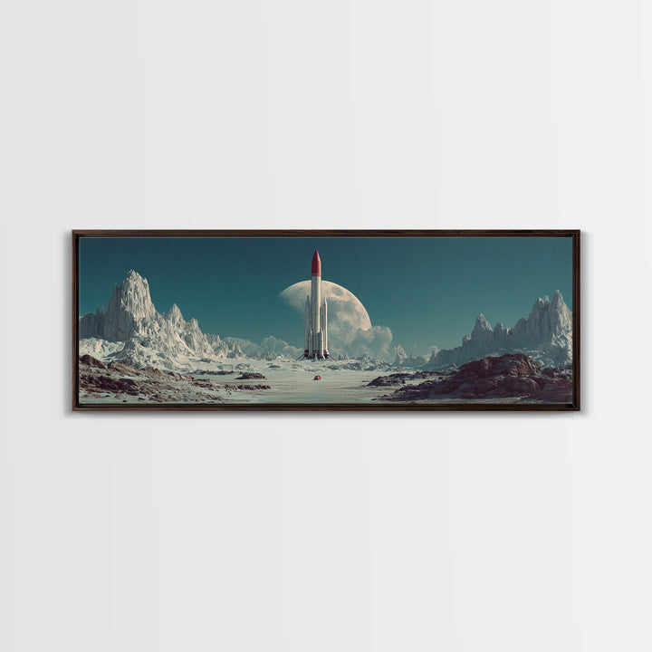 Rocket On Lunar Plain With Giant Moon Framed Canvas Print, Retro Sci Fi Wall Art, Midcentury Modern Space Poster Decor Gift