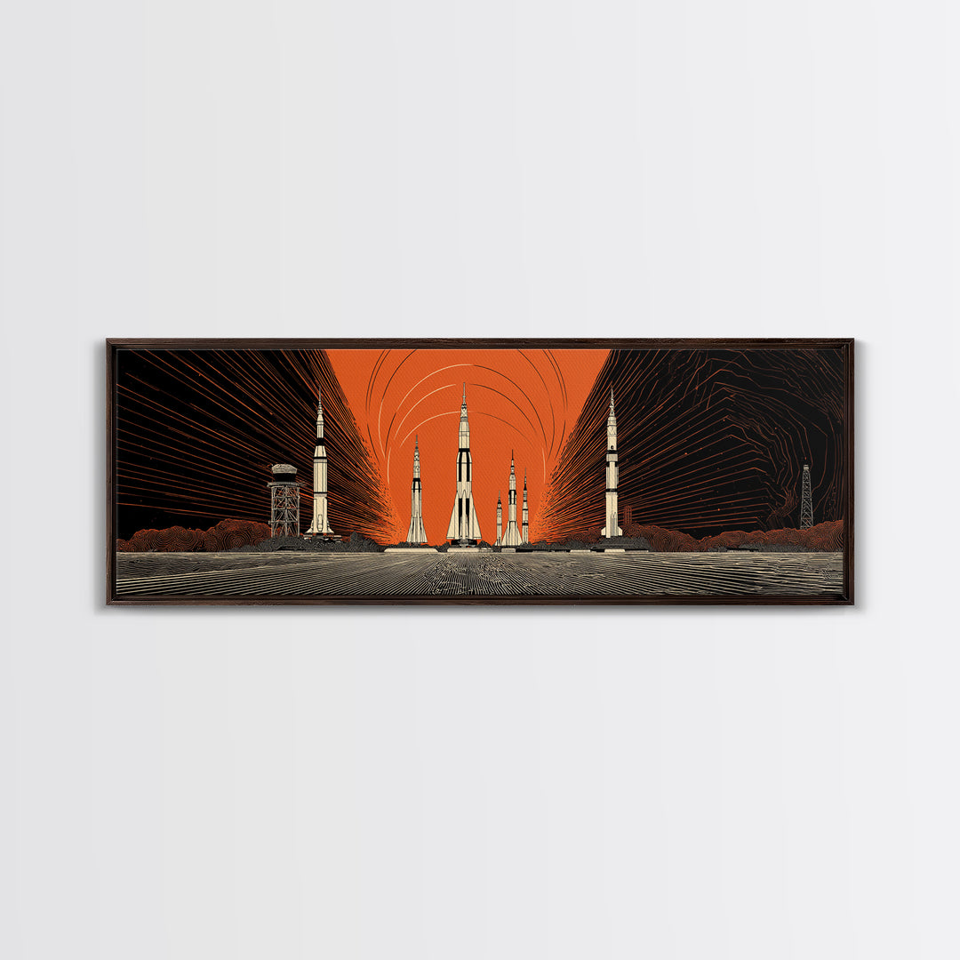 Orange Spaceport Rockets Framed Canvas Print, Midcentury Modern Wall Art, Retro Sci Fi Poster, Atomic MCM Wall Decor, Modern Home Decor