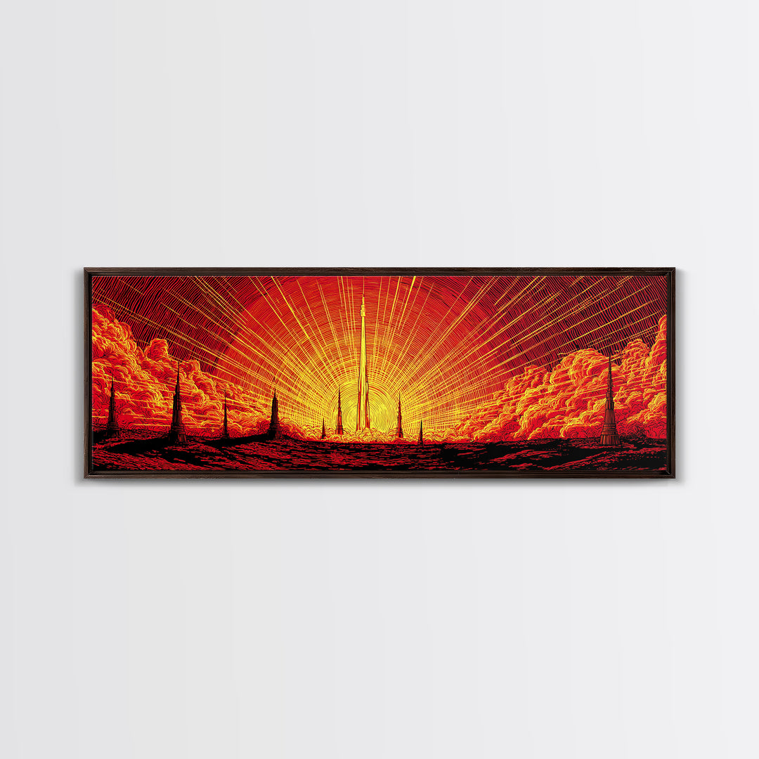 Fiery Rocket Silhouette Canvas Print, Orange Sunburst Space Poster, Midcentury Modern Wall Art, Retro Sci Fi MCM Home Decor
