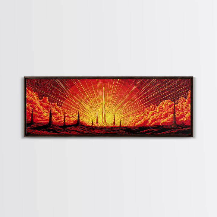 Fiery Rocket Silhouette Canvas Print, Orange Sunburst Space Poster, Midcentury Modern Wall Art, Retro Sci Fi MCM Home Decor