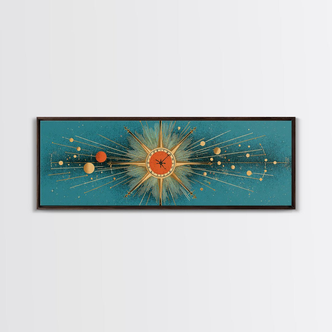 Teal Atomic Clock Sunburst Canvas Print, Mid Century Modern Wall Art, Retro Geometric Office Decor, Turquoise Mcm Print Gift