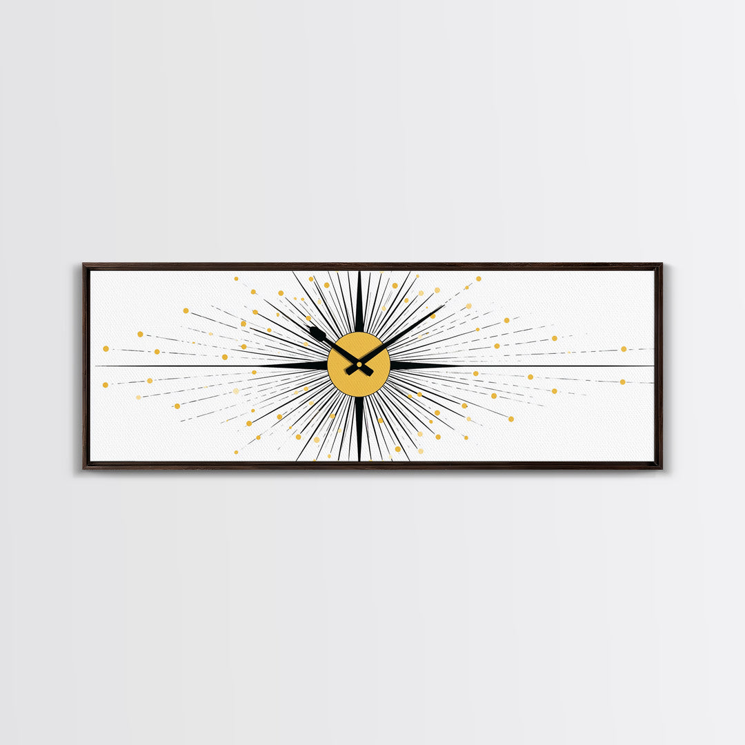 Minimal Gold Clock Starburst Wall Art, Mid Century Modern Abstract Print, Geometric Bauhaus Decor For Office, Entry, Or Den