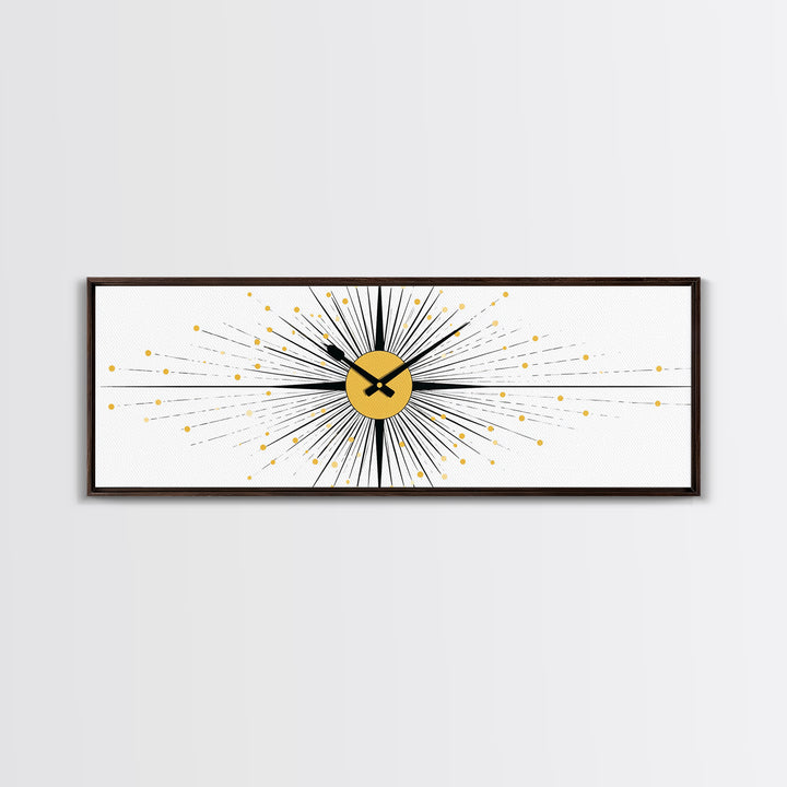Minimal Gold Clock Starburst Wall Art, Mid Century Modern Abstract Print, Geometric Bauhaus Decor For Office, Entry, Or Den