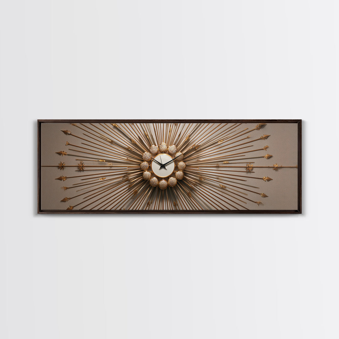 Gold Sunburst Clock Sculpture Framed Canvas Print, Mid Century Modern Wall Art, Hollywood Regency Decor For Living Room