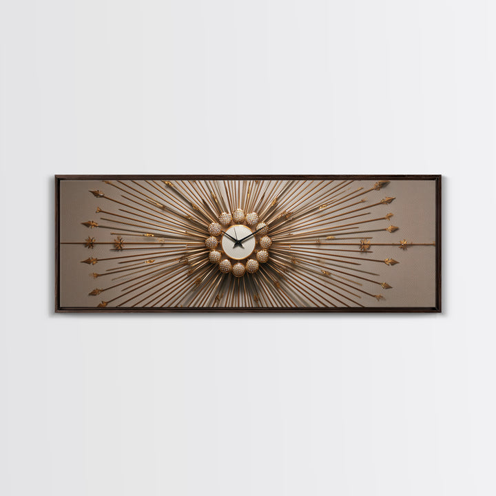 Gold Sunburst Clock Sculpture Framed Canvas Print, Mid Century Modern Wall Art, Hollywood Regency Decor For Living Room