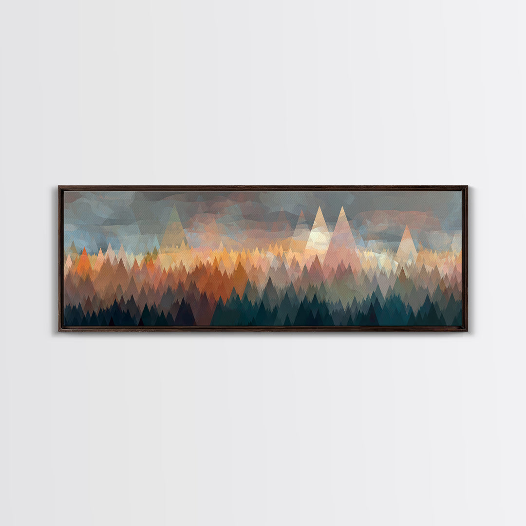 Misty Triangle Forest And Mountain Wall Art, Midcentury Modern Decor, Geometric Landscape Print, Teal Orange Home Decor Art