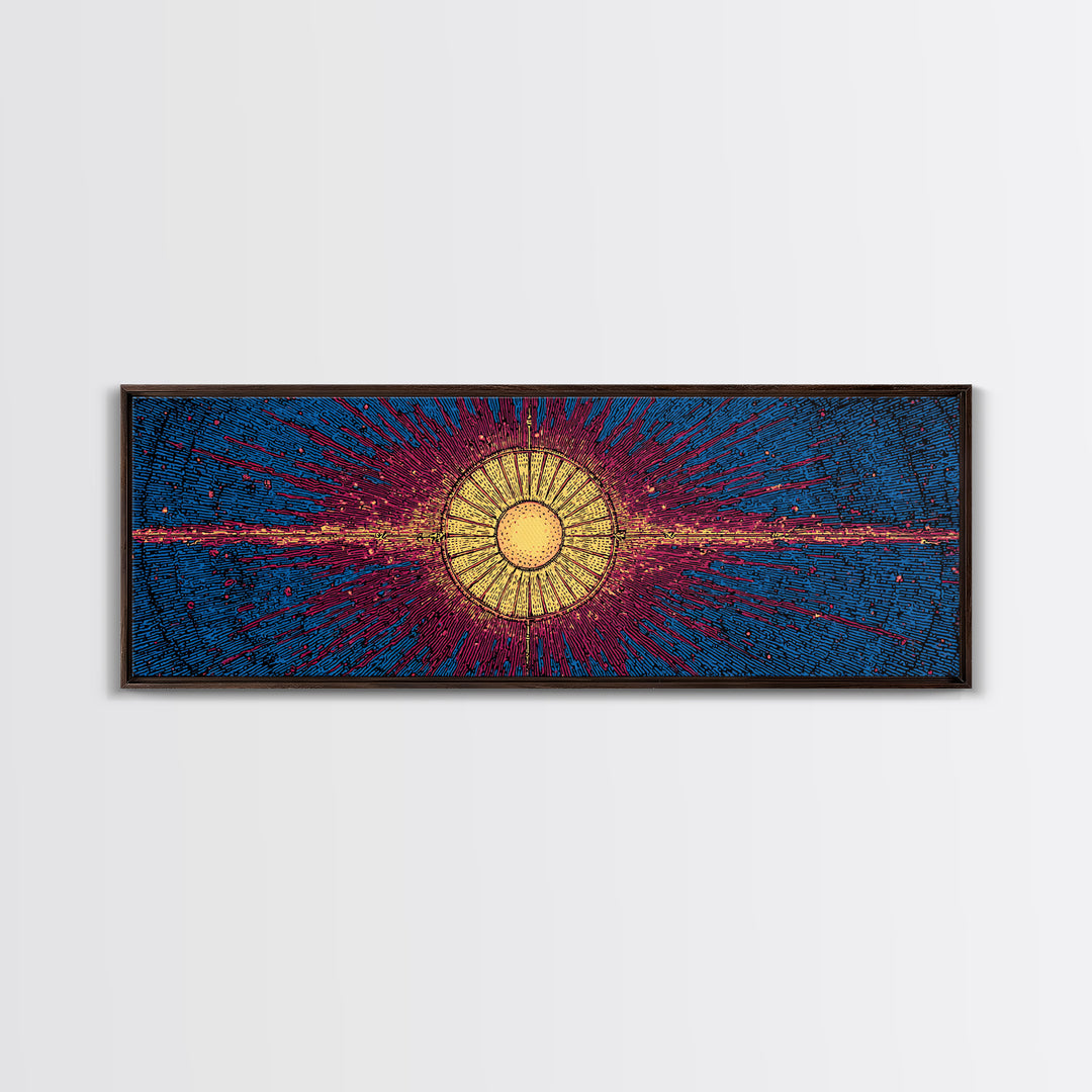 Blue Magenta Solar Burst Wall Art, Mid Century Modern Abstract Print, Cosmic Retro Decor For Living Room And Office, Wall Decor